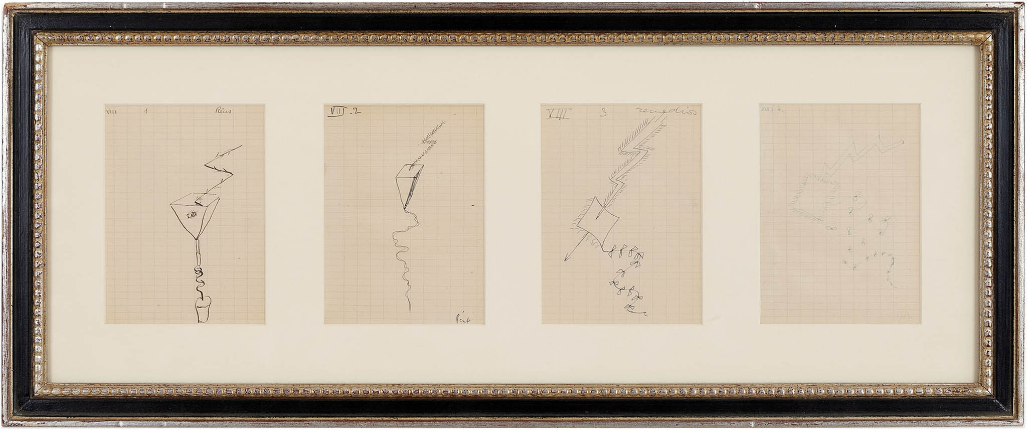 Jeu de Dessin Communique (Game of Communicated Drawing) - Robert Rius - Benjamin Peret - Remedios Varo - Andre Breton - L'éclair et le Cerf-Volant (The Lightning and the Kite) - c.1938 pencil and ink on four sheets of paper